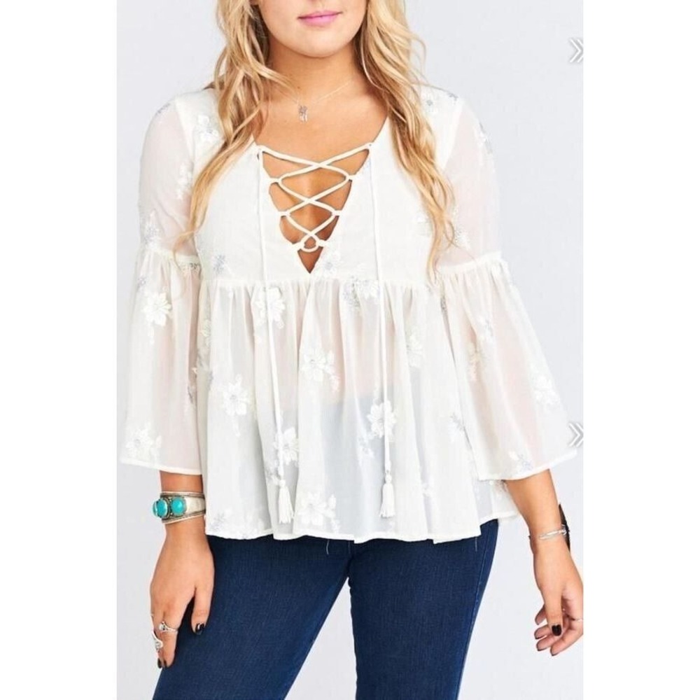 Show‎ Me Your MuMu Poet Tie Top Size XS Ivory Embroidered Bell Sleeves